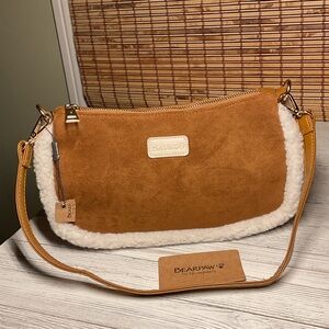Bearpaw Shoulder Bag Purse Faux Suede Shearling Trim Brown
